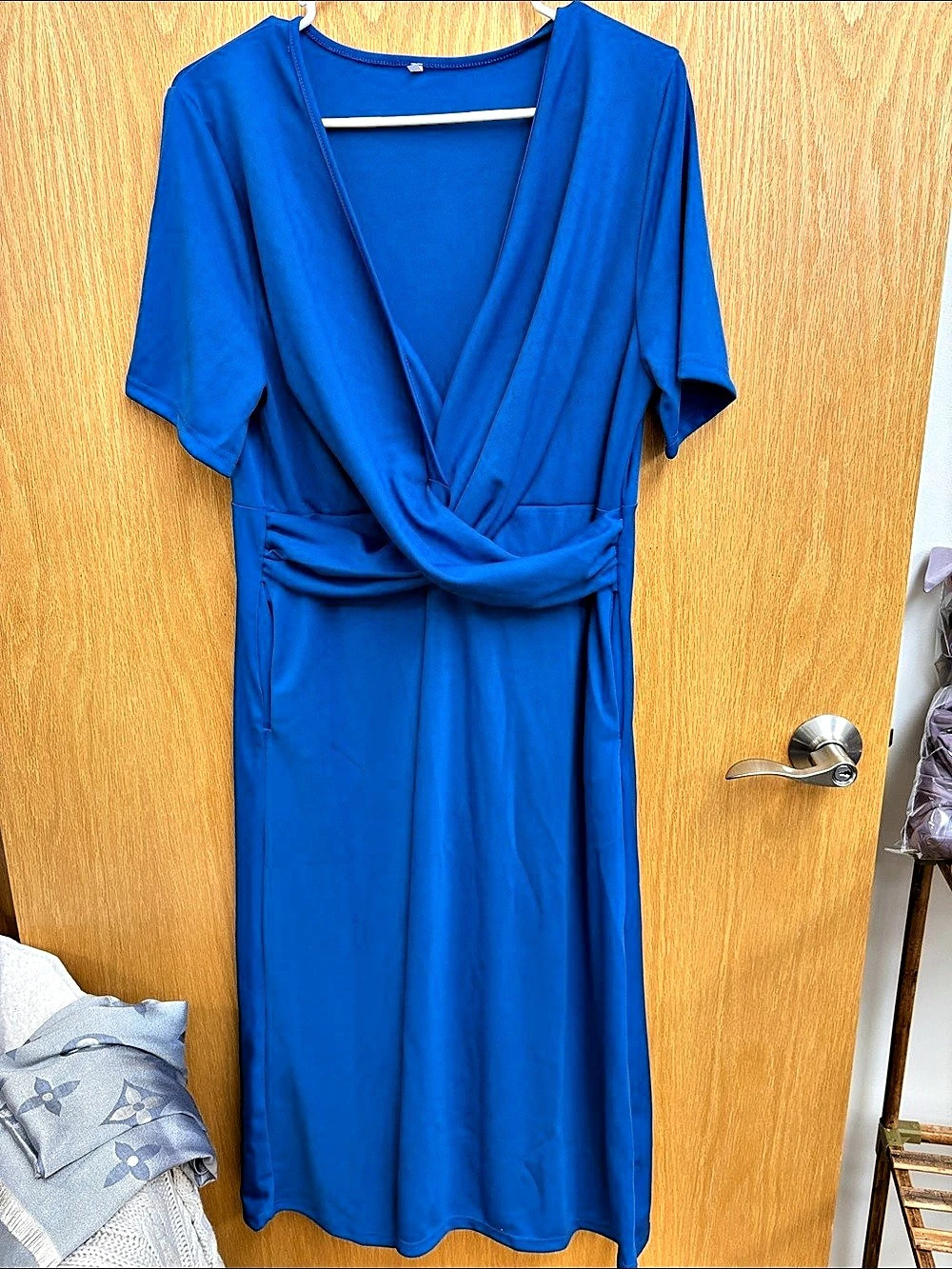 Faux Wrap Midi Dress in Blue Size Large